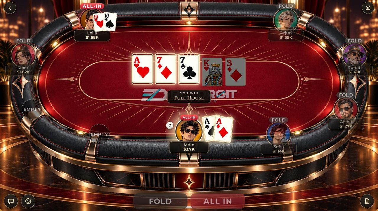 ALL IN OR FOLD table in BetDroit Poker showing a winning full house