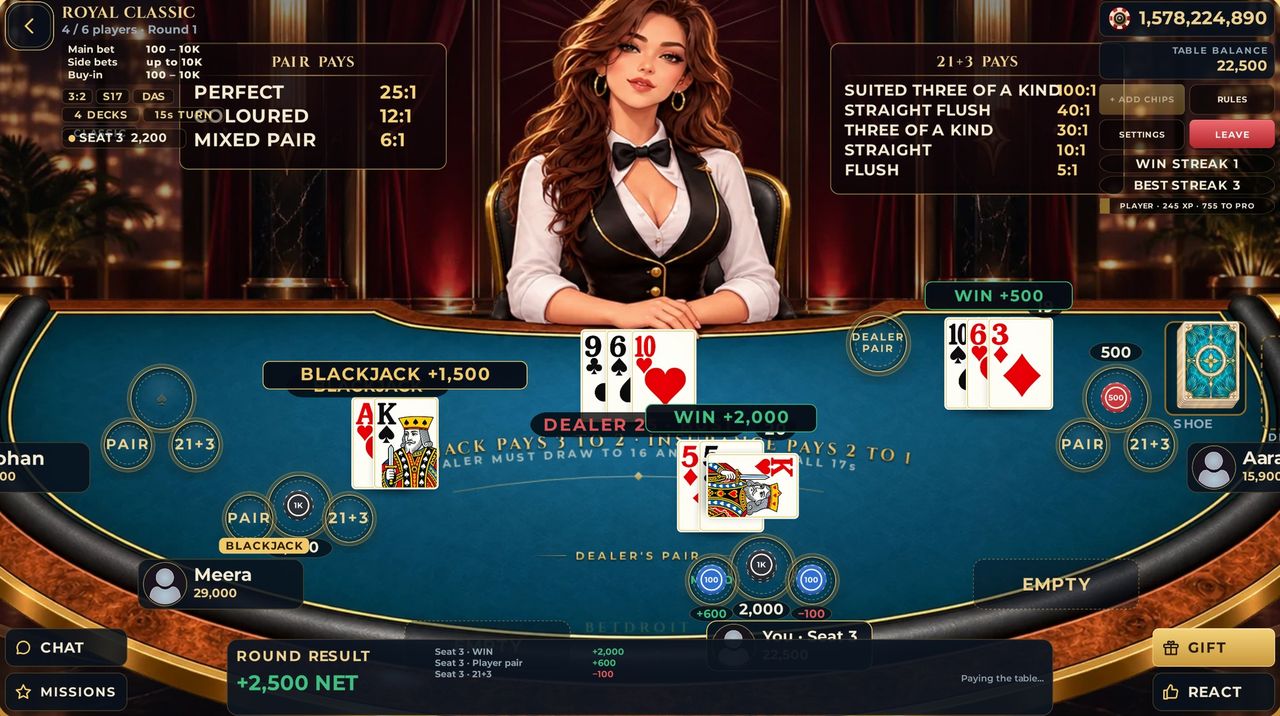 Blackjack 2.0 six-seat table with the dealer, side bets and paytables