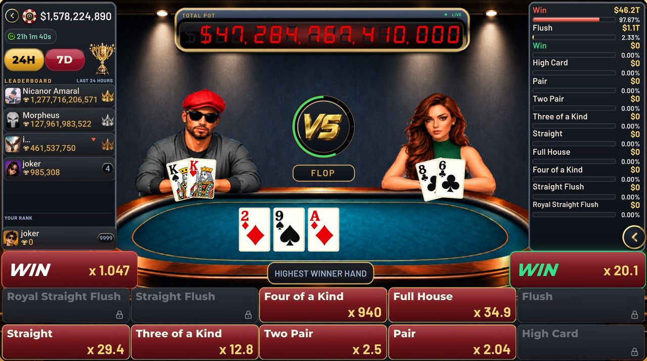 Bull Fight head-to-head showdown with the pot counter and hand multipliers