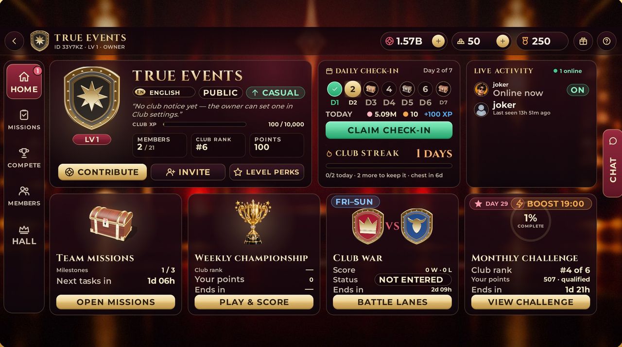 Clubs 2.0 club hall with daily check-in, team missions, club war and monthly challenge