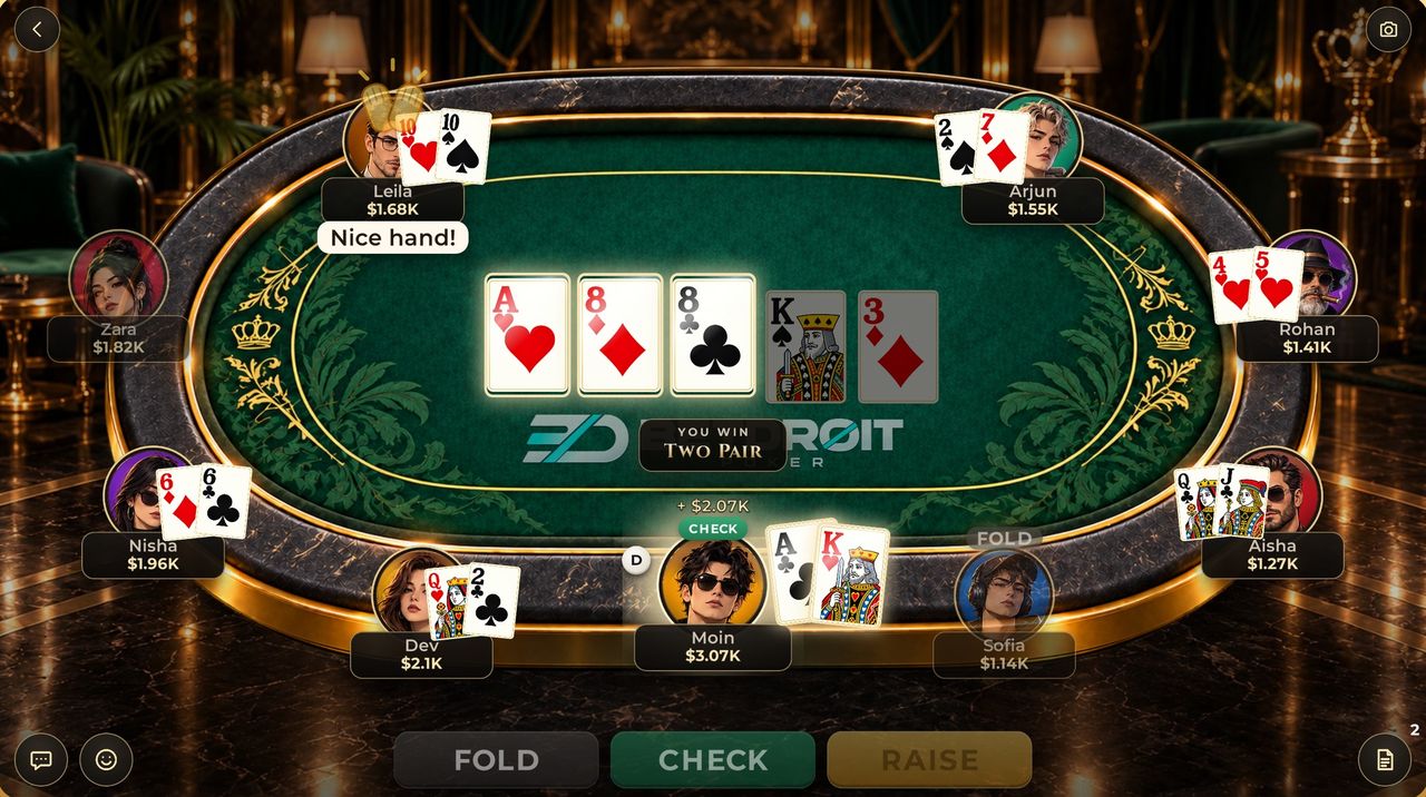 A Texas Hold'em table in BetDroit Poker with nine players and the FOLD, CHECK and RAISE buttons