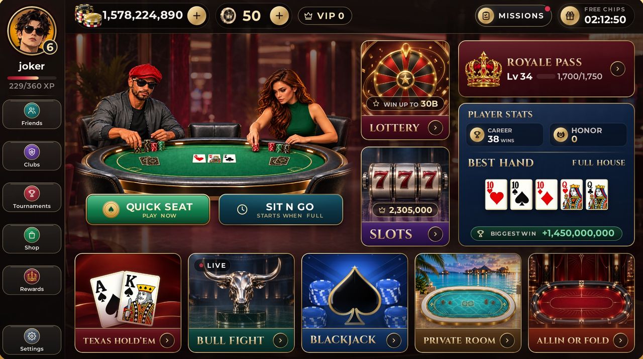 BetDroit Poker lobby with Quick Seat, Sit N Go, Lottery, Slots, Royale Pass and the game tiles