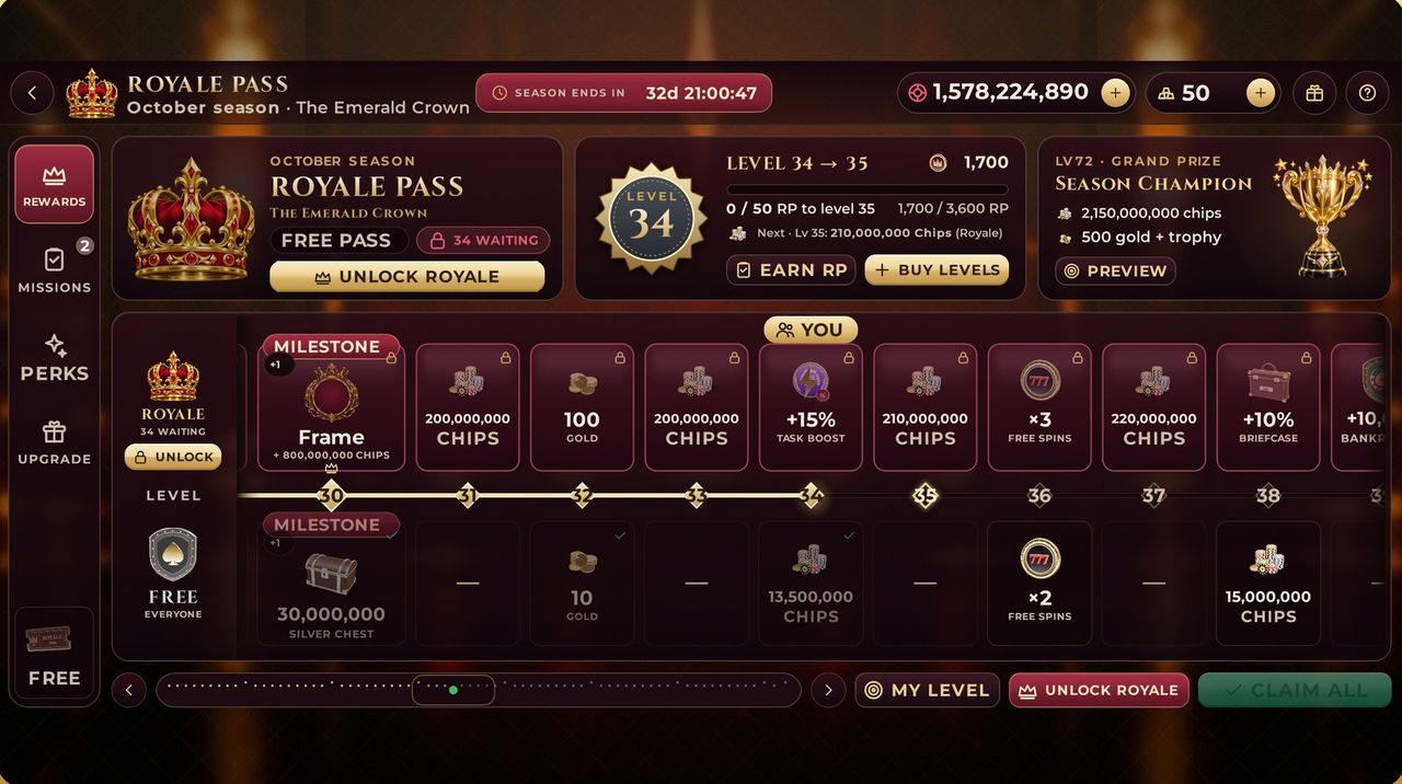 Royale Pass season track with free and Royale rewards